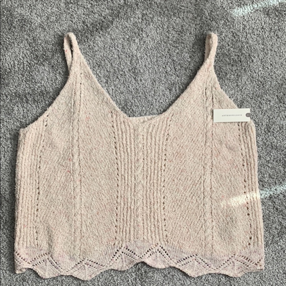 NWT Anthropologie knit tank top scalloped hem cream pink feminine size xl